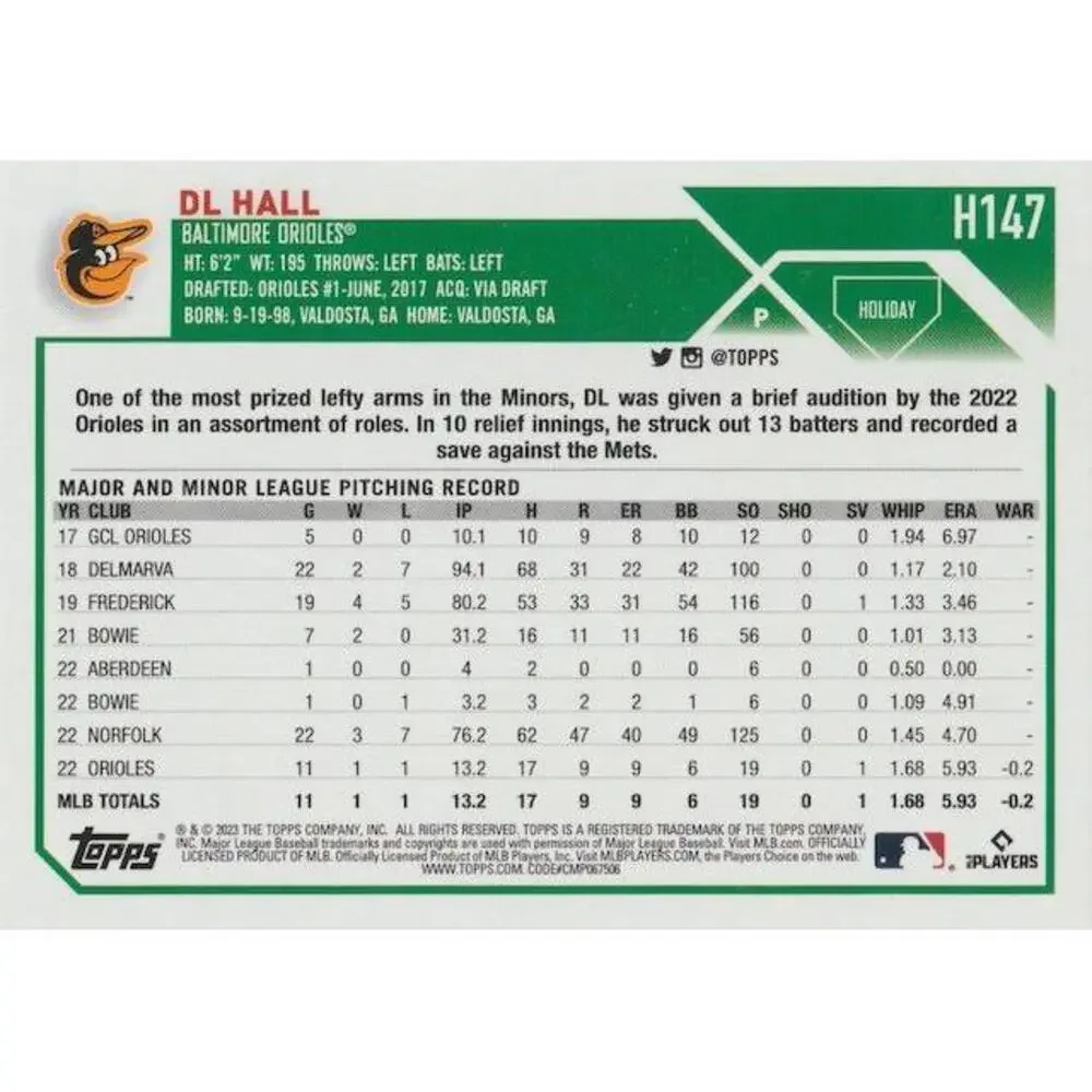 2023 Topps Holiday DL Hall RC H147 Baltimore Orioles